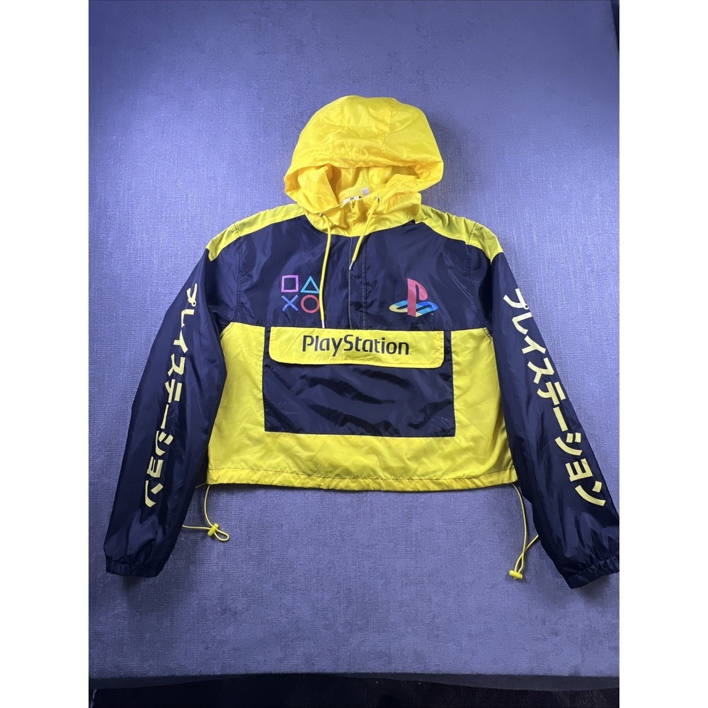 PlayStation 1/4 Zip Windbreaker Cropped Hooded Black & Yellow Women's SZ XL
